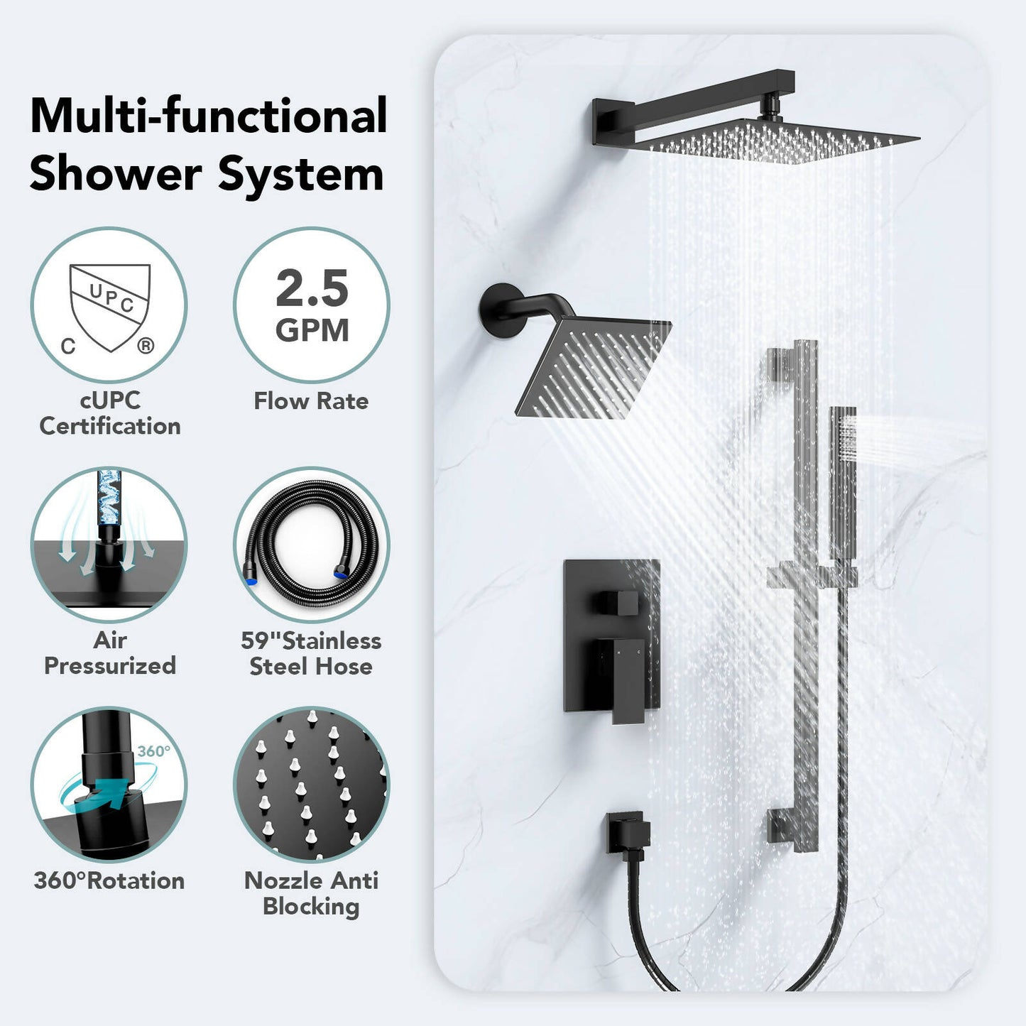 DualJetSpa 10" High-Pressure Rainfall Shower Faucet with Handheld Spray, Wall Mount, Rough in-Valve