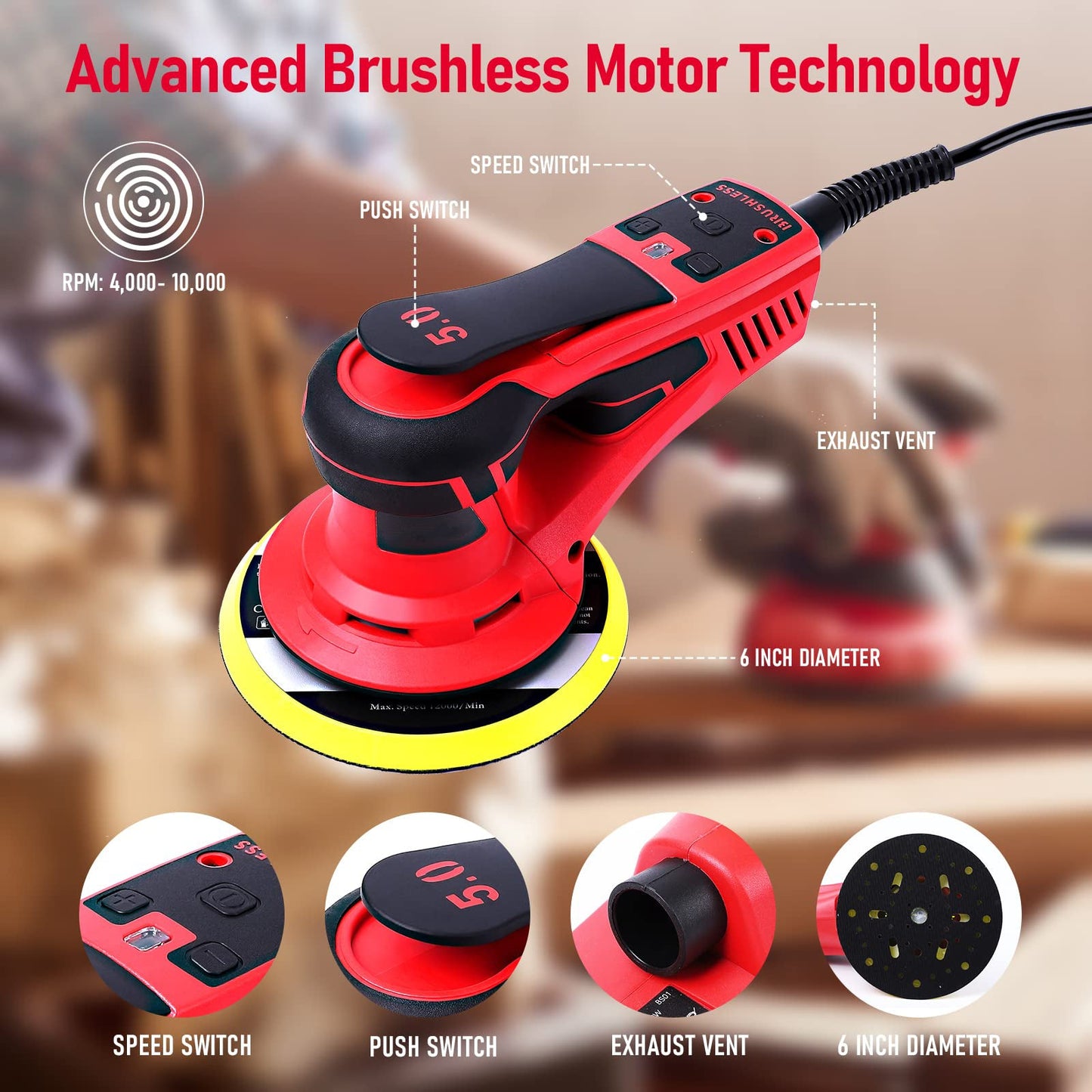 GARVEE Electric Random Orbital Sander Brushless Motor Powerful 350W & Low Vibration for Woodworking Polishing