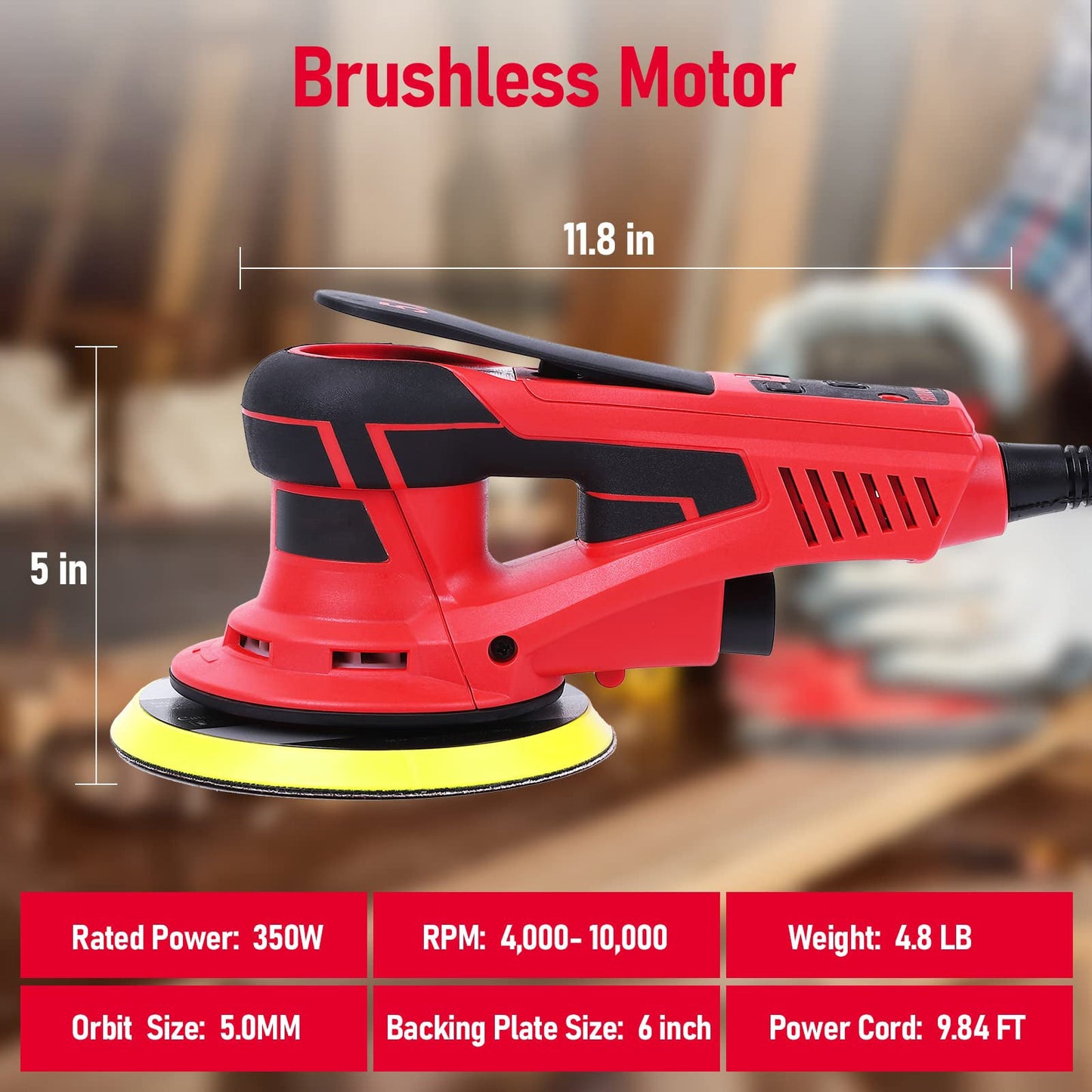 GARVEE Electric Random Orbital Sander Brushless Motor Powerful 350W & Low Vibration for Woodworking Polishing