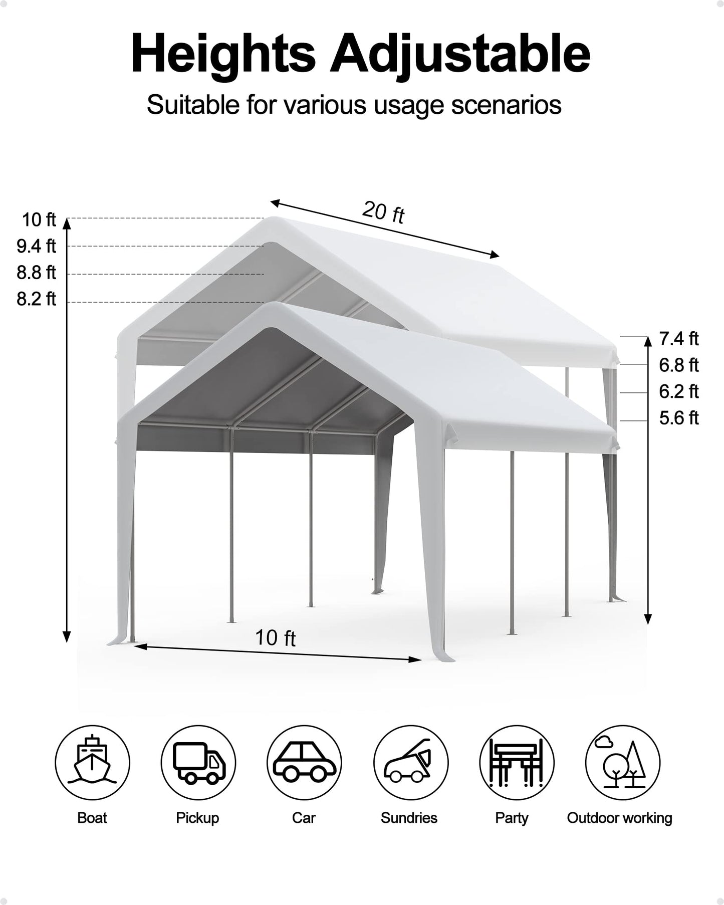 GARVEE Carport 10'x20' Heavy Duty Steel Canopy Height Adjustable & Portable Garage With Wraped Legs