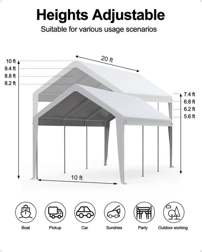 GARVEE Carport 10'x20' Heavy Duty Steel Canopy Height Adjustable & Portable Garage With Wraped Legs