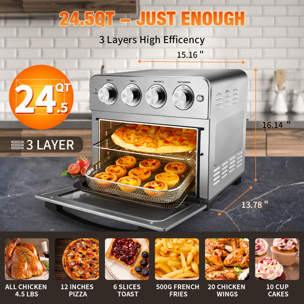 GEEK CHEF 24QT Air Fryer Toaster Oven 6 Slice Countertop Oven 1700W Fry Oil-Free Silver