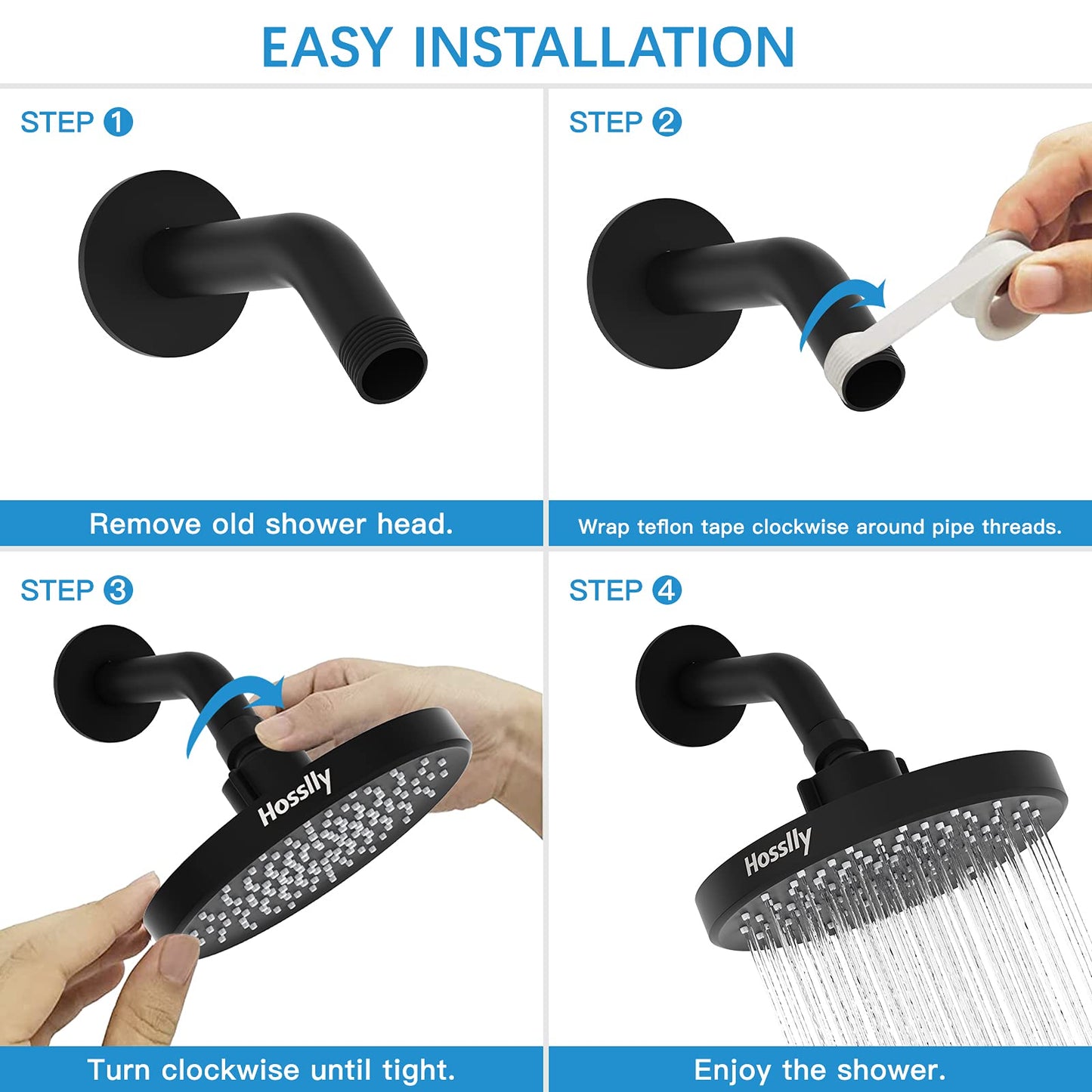 HOSSLLY Rainfall Shower Head High Pressure 360掳 Adjustable - Matte Black