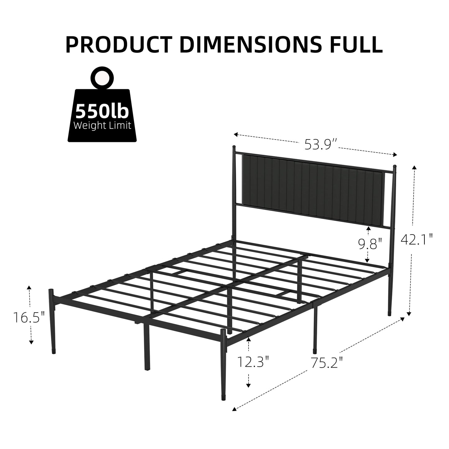 IDEALHOUSE Full Size Metal Platform Bed Frame with Upholstered Headboard