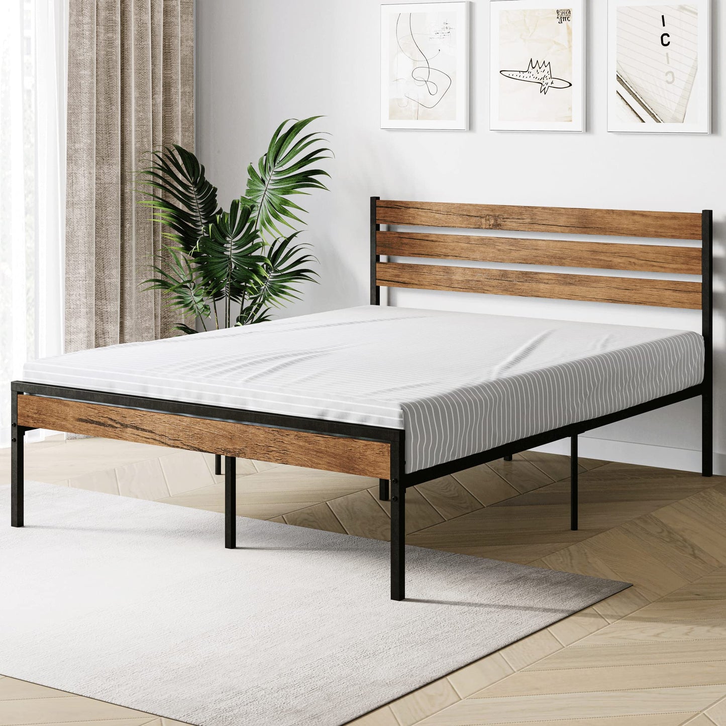 IDEALHOUSE Queen Size Bed Frame with Wood Headboard