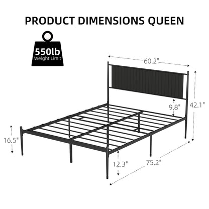 IDEALHOUSE Queen Size Metal Platform Bed Frame with Upholstered Headboard