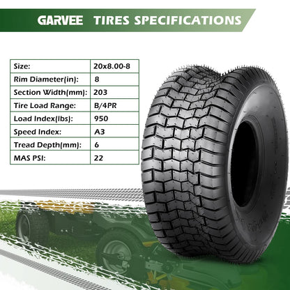 GARVEE 20x8.00-8 Lawn Mower Tire 2Pcs 20x8x8 20-8-8 Turf Tire For Lawn Mower Garden Tractors Riding Mowers Golf Cart Tire