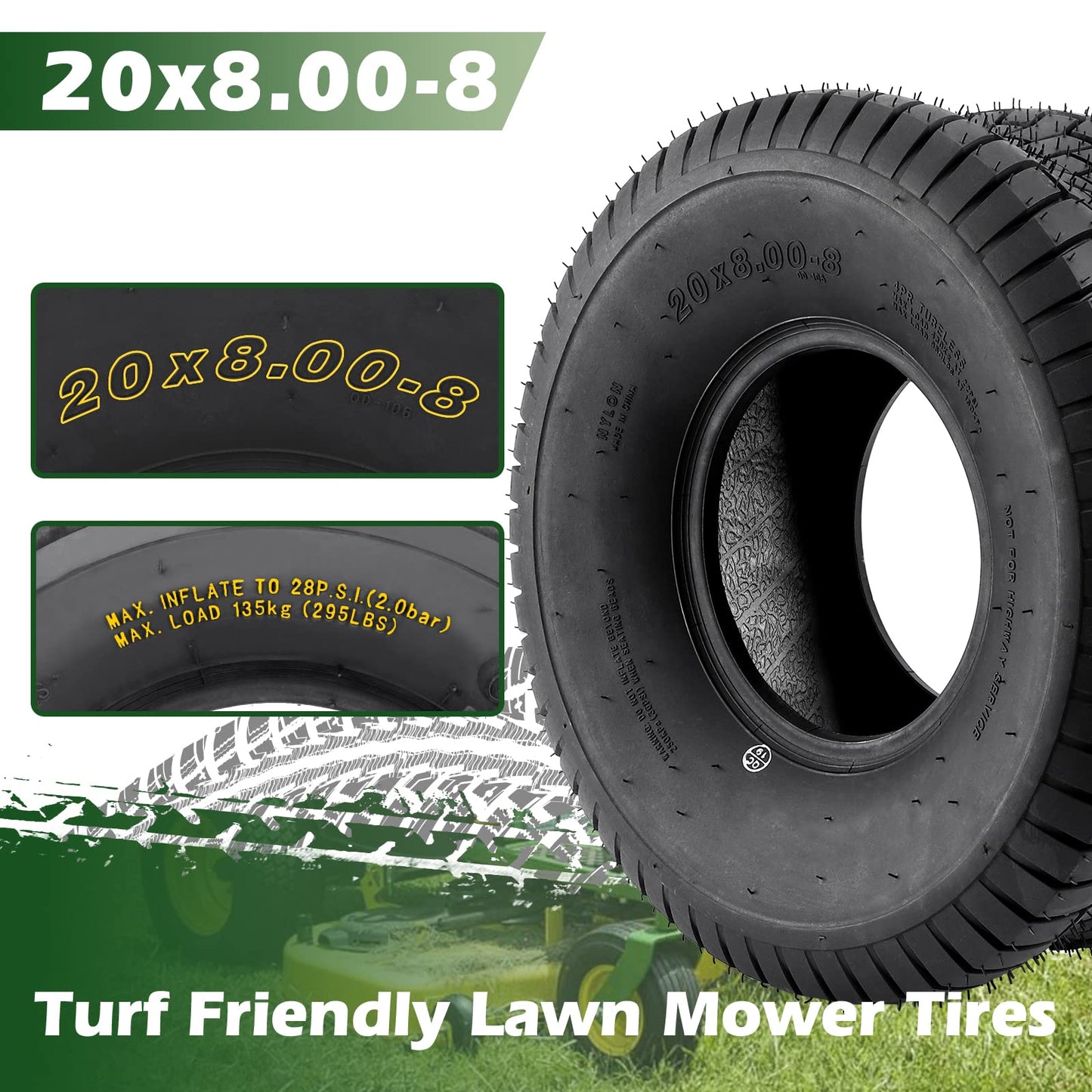 GARVEE 20x8.00-8 Lawn Mower Tire 2Pcs 20x8x8 20-8-8 Turf Tire For Lawn Mower Garden Tractors Riding Mowers Golf Cart Tire