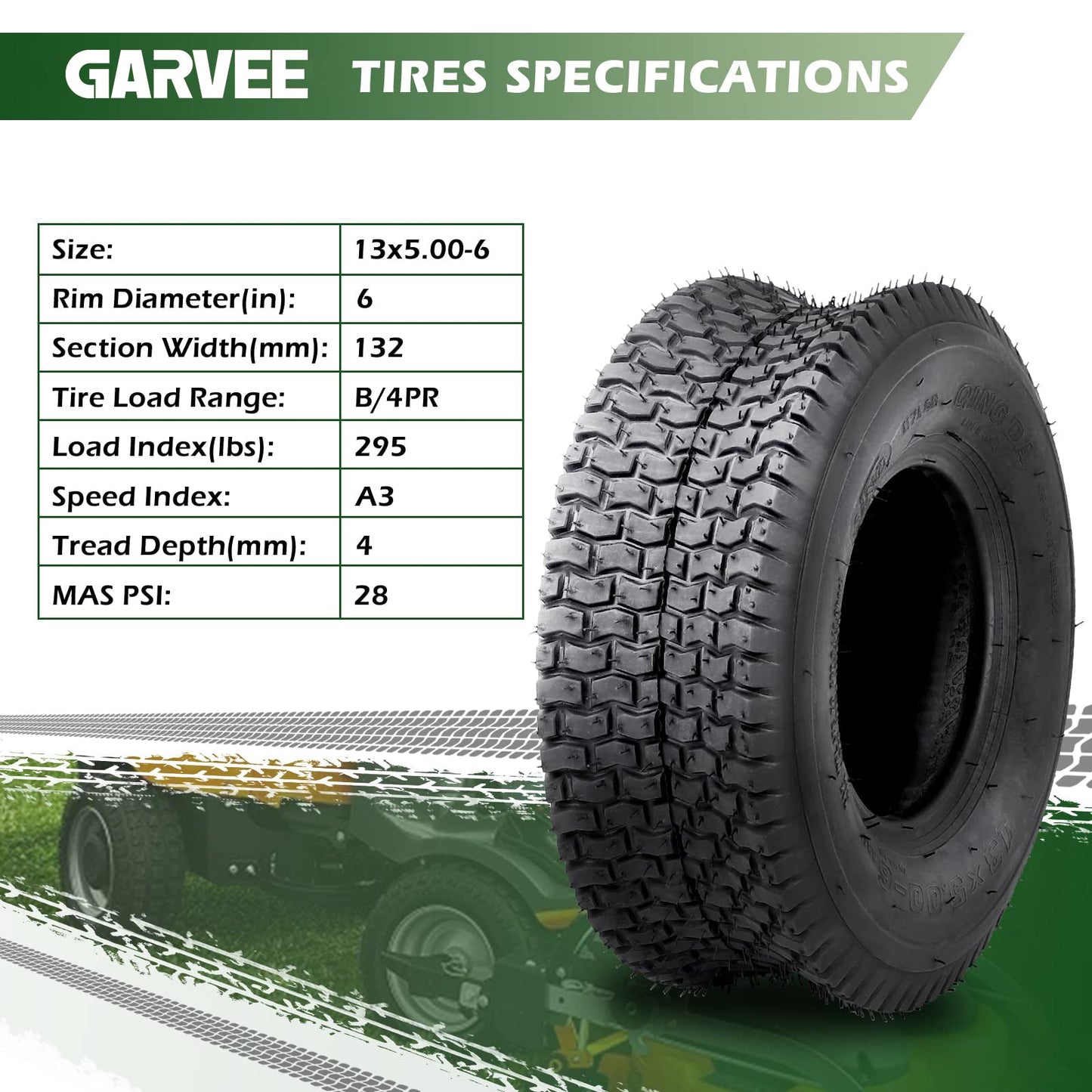 GARVEE 13x5.00-6 Lawn Mower Tire 2Pcs 13x5x6 13-5-6 Turf Tire for Lawn Mower Garden Tractors Riding Mowers Golf Cart Tire