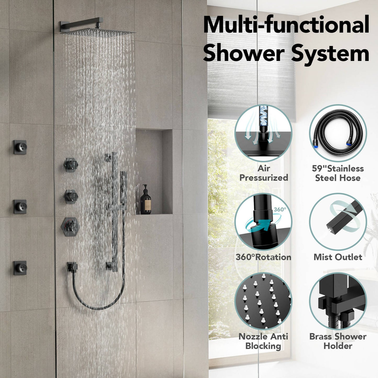 RelaxaJet 12" High-Pressure 3 Function Rainfall Shower Faucet, Wall Mount, Rough in-Valve, 2.5 GPM