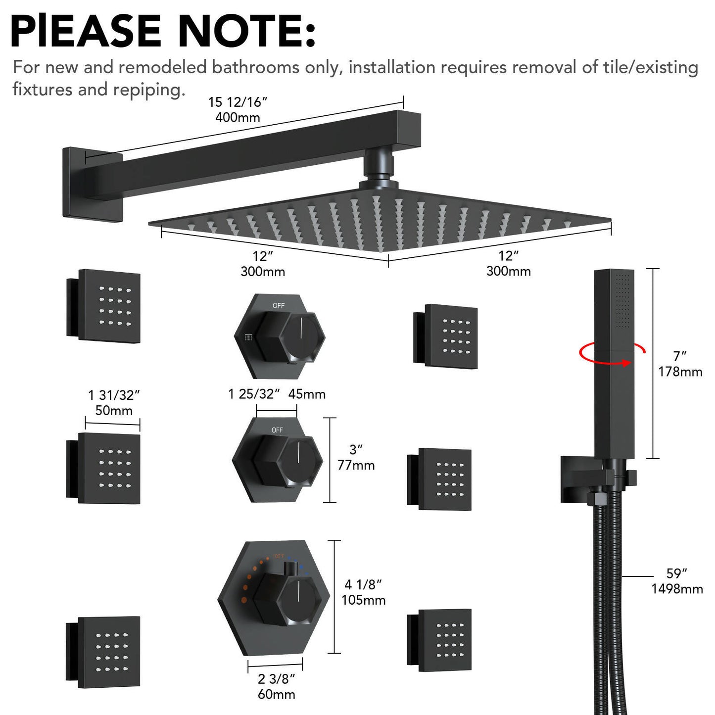 RelaxaJet 12" High-Pressure Rainfall Shower Faucet with Handheld Spray, Wall Mount, Rough in-Valve