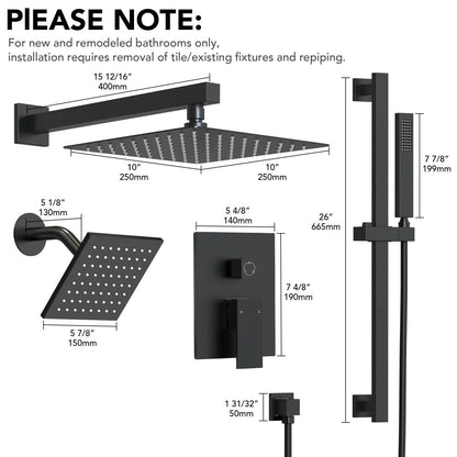 DualJetSpa 10" High-Pressure Rainfall Shower Faucet with Handheld Spray, Wall Mount, Rough in-Valve