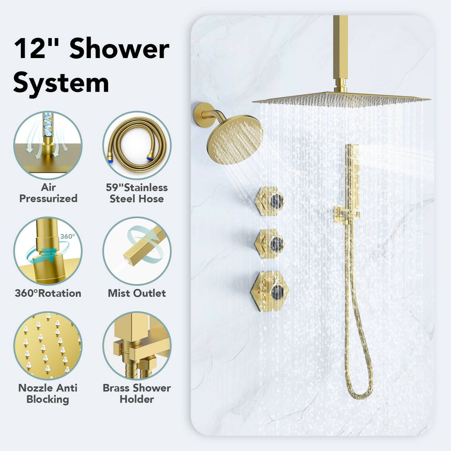 DualCascade Dual 12" High-Pressure Rainfall Shower Faucet with Handheld Spray, Celling Mount, Rough in-Valve