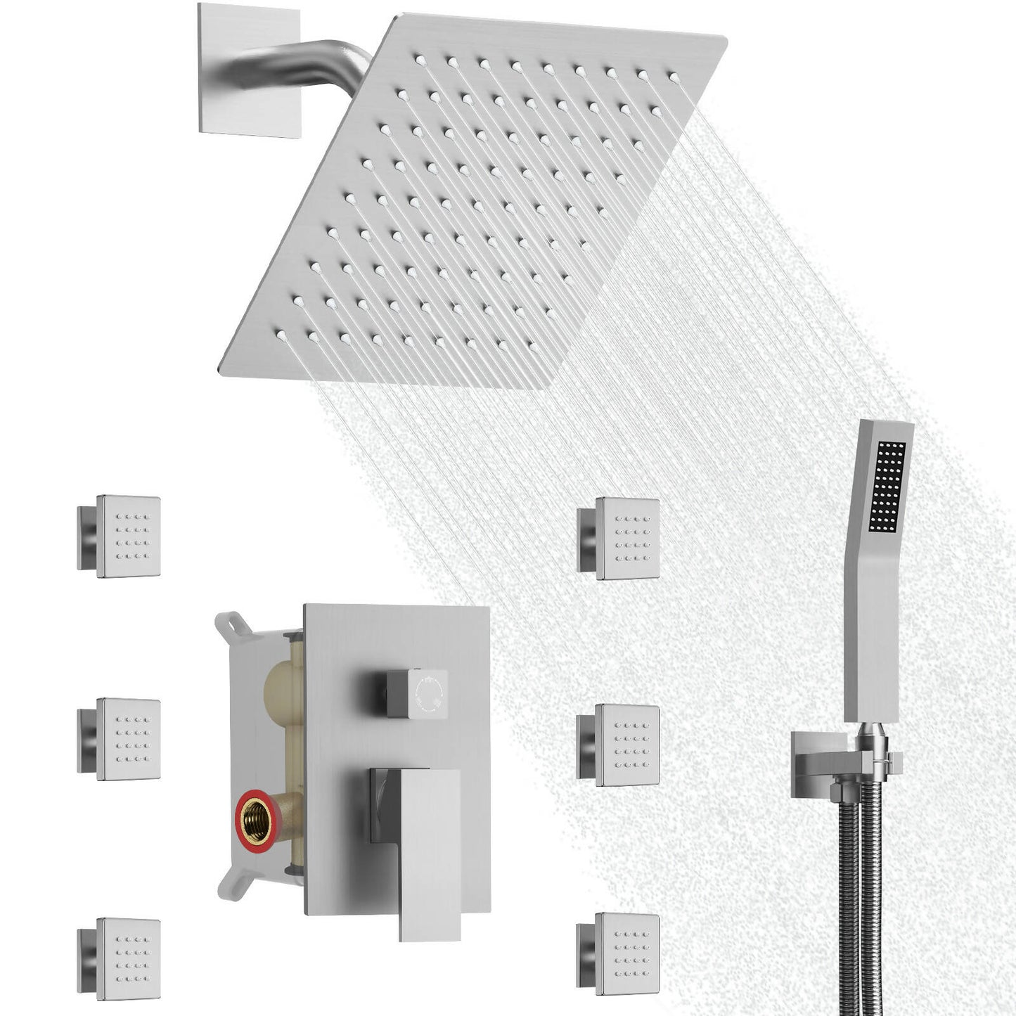 RelaxaJet 8" High-Pressure Rainfall Shower Faucet with Handheld Spray, Wall Mount, Rough in-Valve