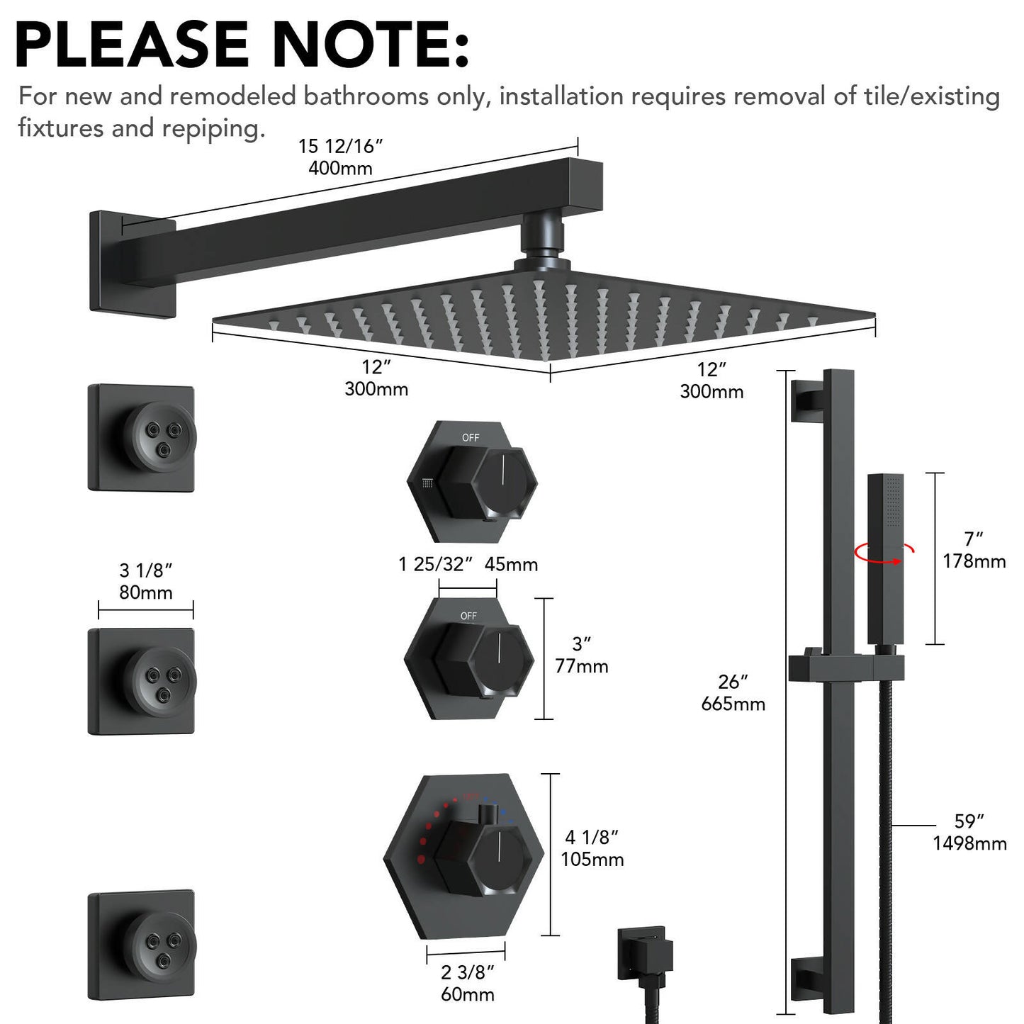 RelaxaJet 12" High-Pressure 3 Function Rainfall Shower Faucet, Wall Mount, Rough in-Valve, 2.5 GPM