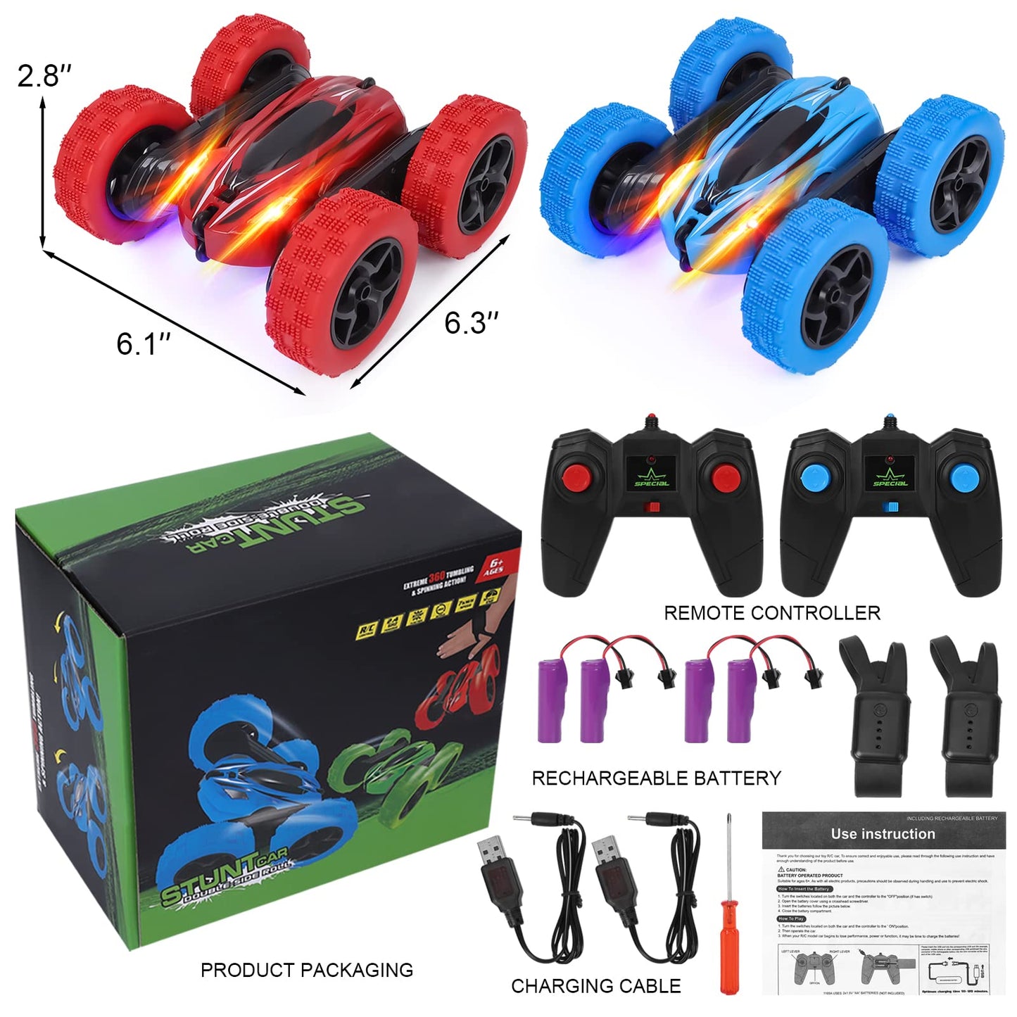 WHIZMAX 2pack RC Stunt Car Remote Control Car 1165A 360 Rotating Vehicle Blue & Red