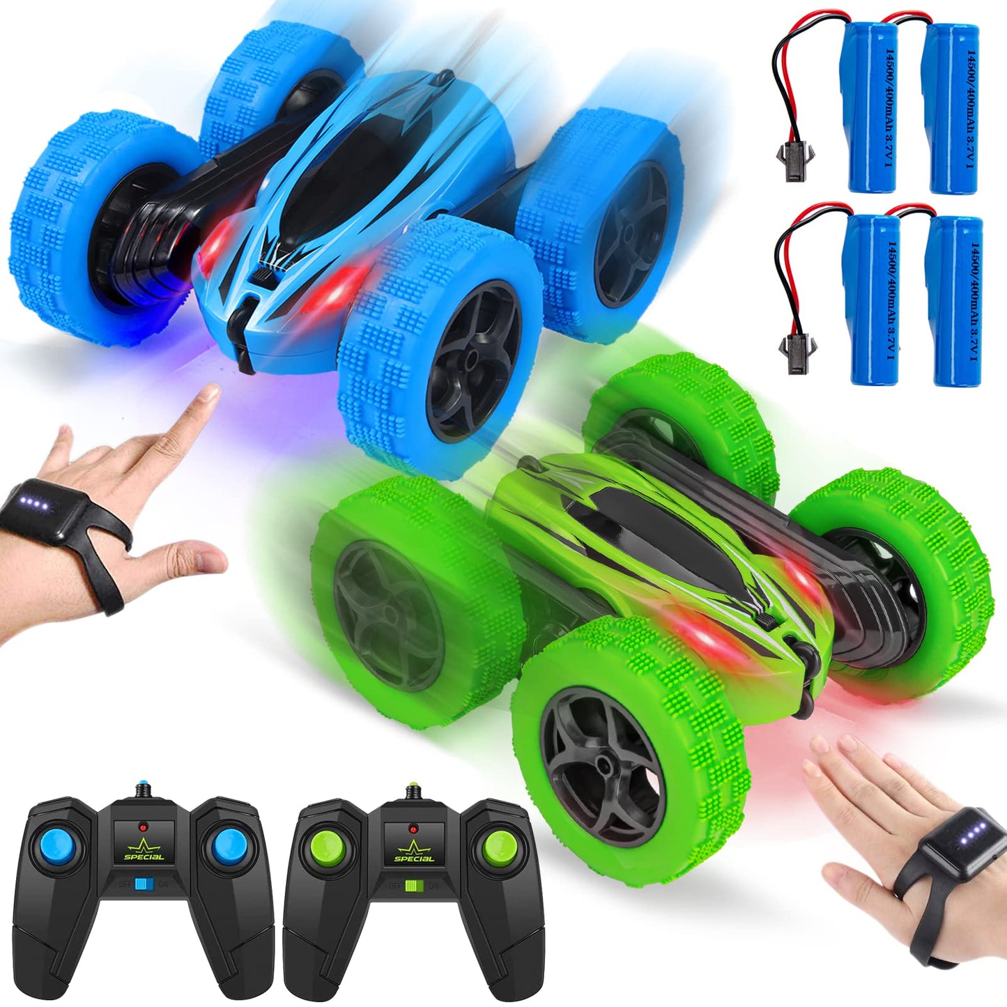 THINKMAX 2Pack RC Stunt Car Watch Gesture Sensor Car Blue+Green