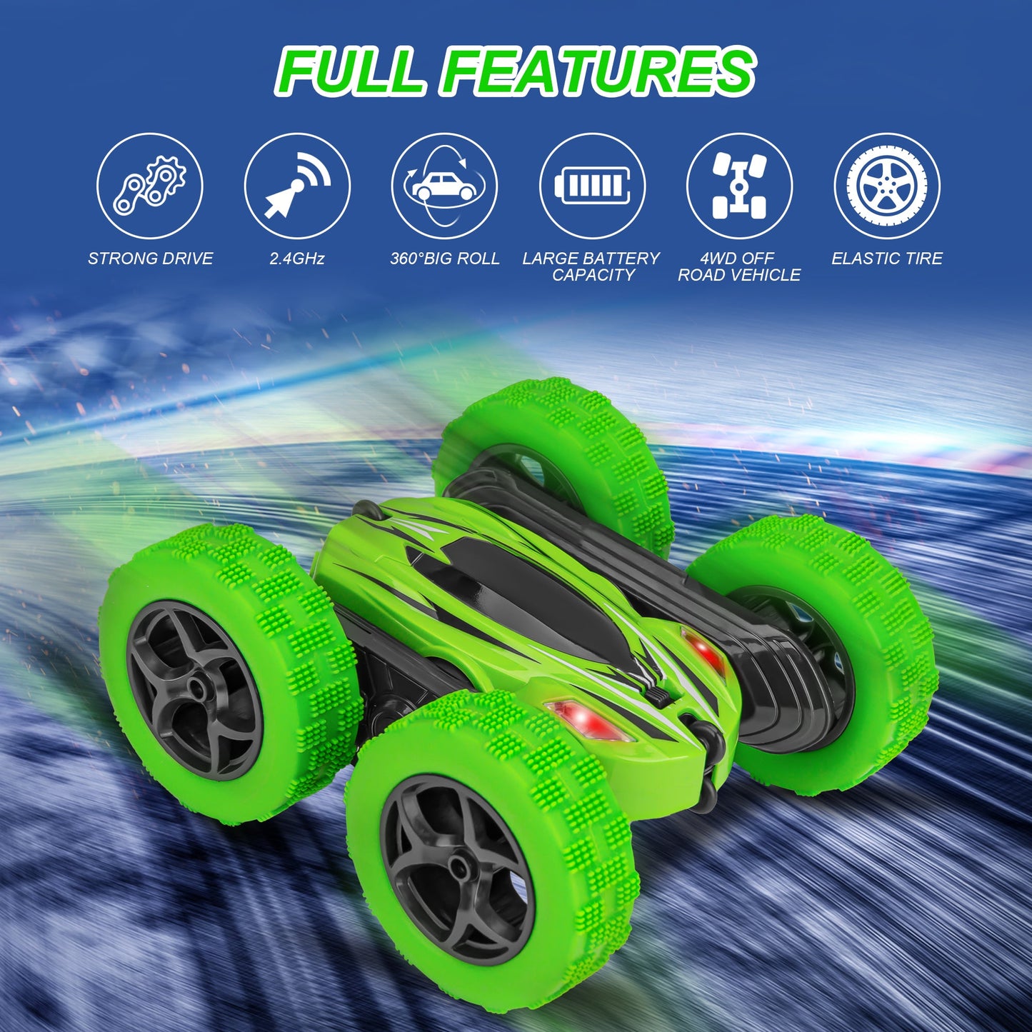 THINKMAX Remote Control Car 1165A RC Stunt Car Toy Double Sided 360 Rotating Vehicle Green