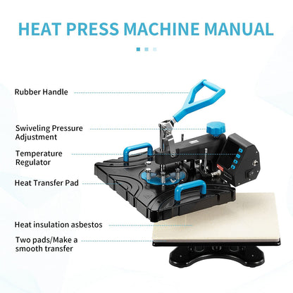 TOWALLMARK 5-in-1 Heat Press Machine Professional Swing Away Heat Transfer