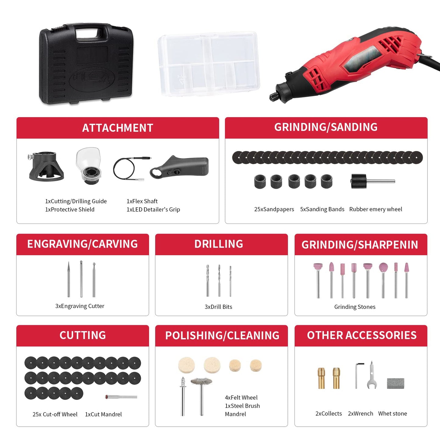 GARVEE 88pcs Rotary Tool Kit 1.5Amp Variable Speed with Flex Shaft DIY Projects