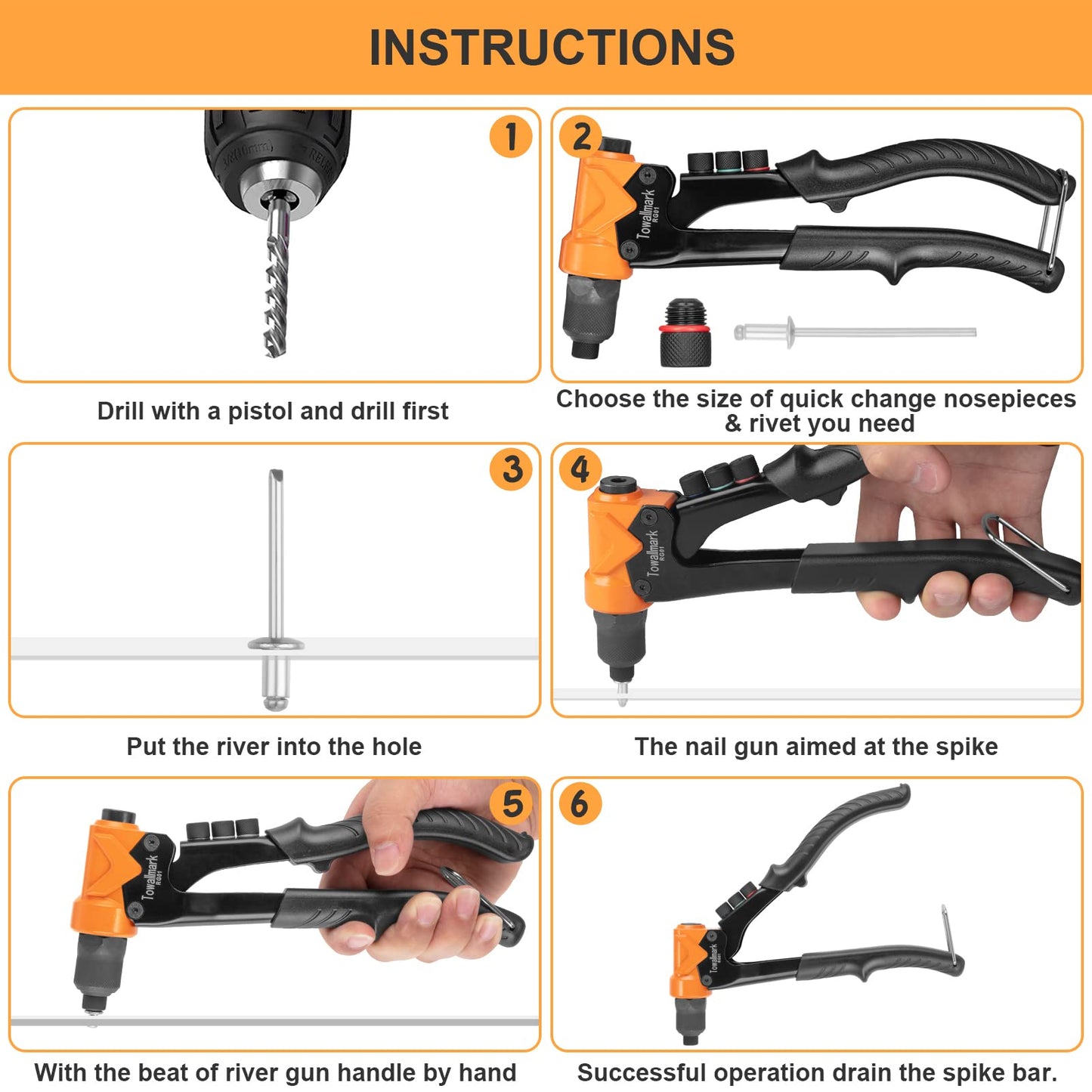 TOWALLMARK Pop Rivet Tool with 200Pcs Rivets Kit for Metal Plastic