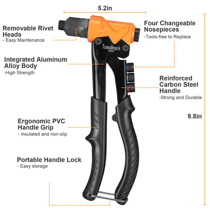 TOWALLMARK Pop Rivet Tool with 200Pcs Rivets Kit for Metal Plastic