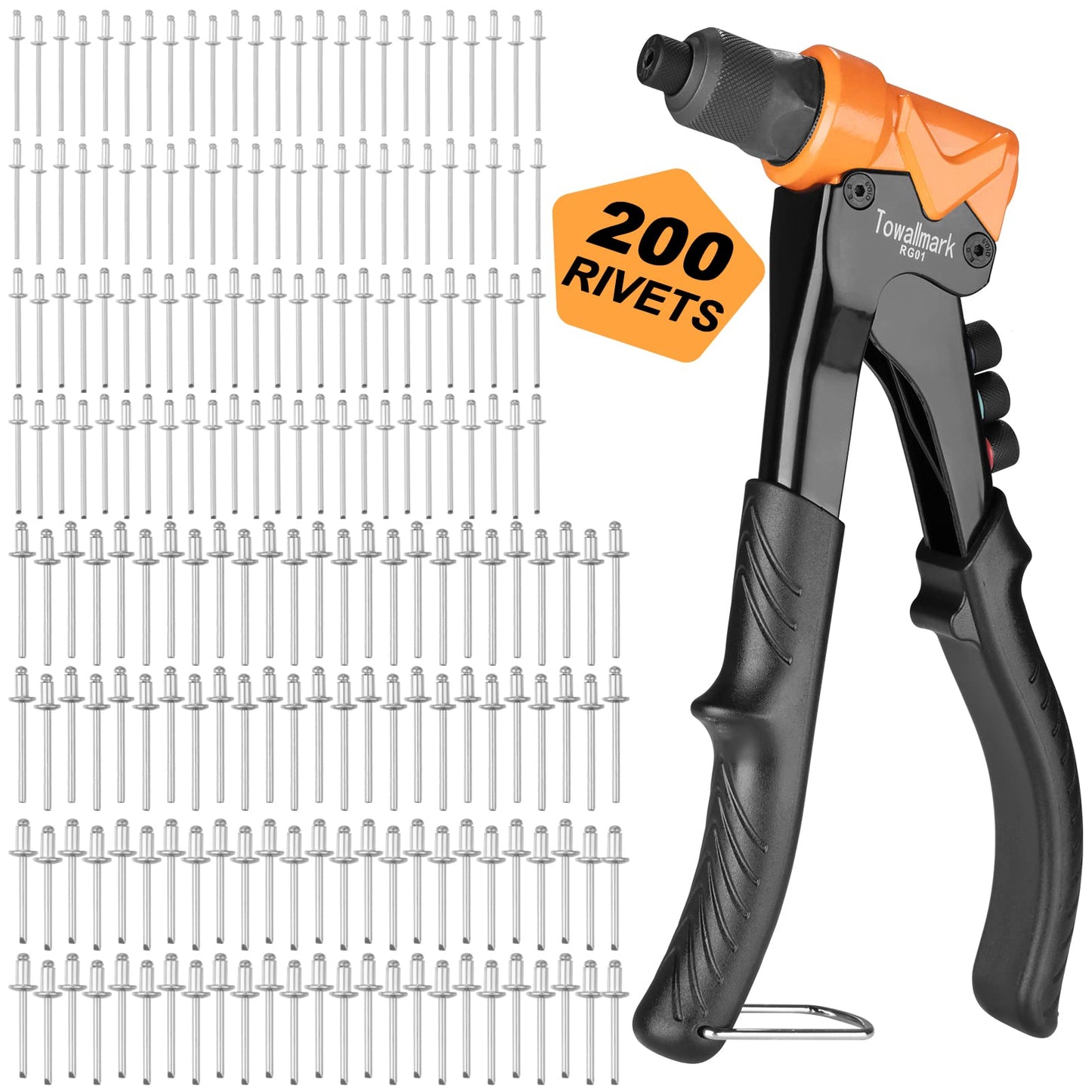TOWALLMARK Pop Rivet Tool with 200Pcs Rivets Kit for Metal Plastic