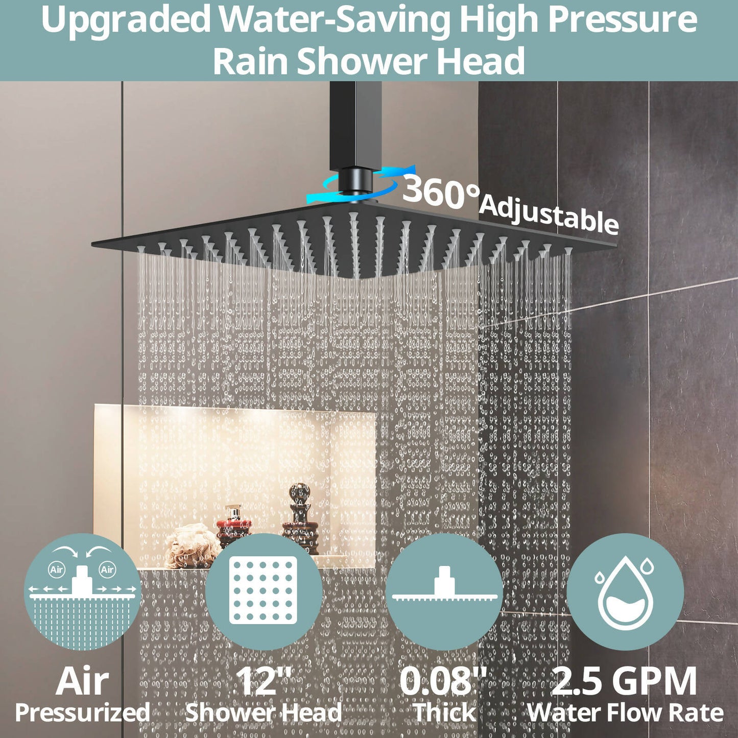 DualCascade 12" High-Pressure Rainfall Shower Faucet, Ceiling Mount, Rough in-Valve, 2.5 GPM