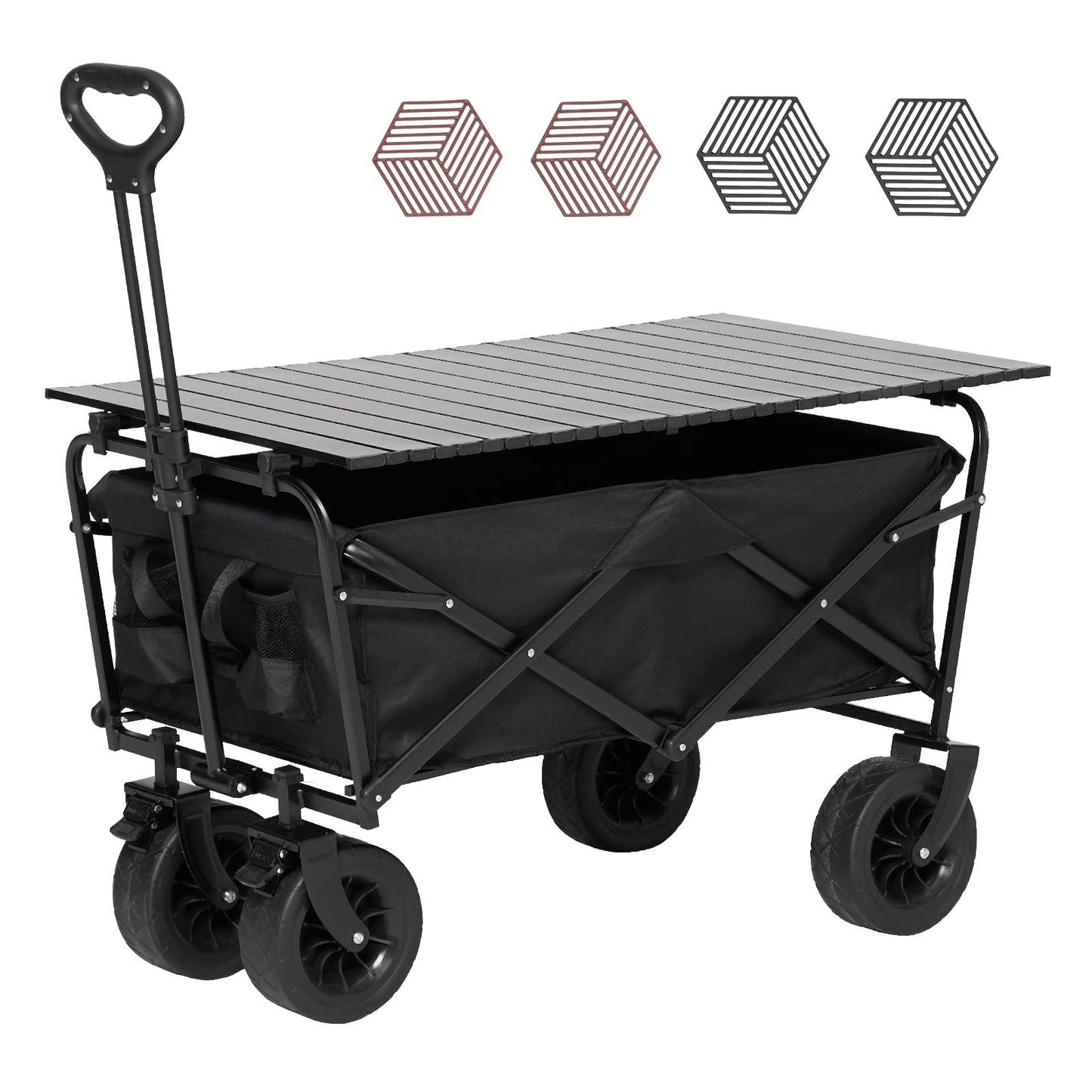 GARVEE 8 inch All Terrain Wheels Collapsible Outdoor Camping Wagon with brakes Iron Folding Table top 4 Plate mats