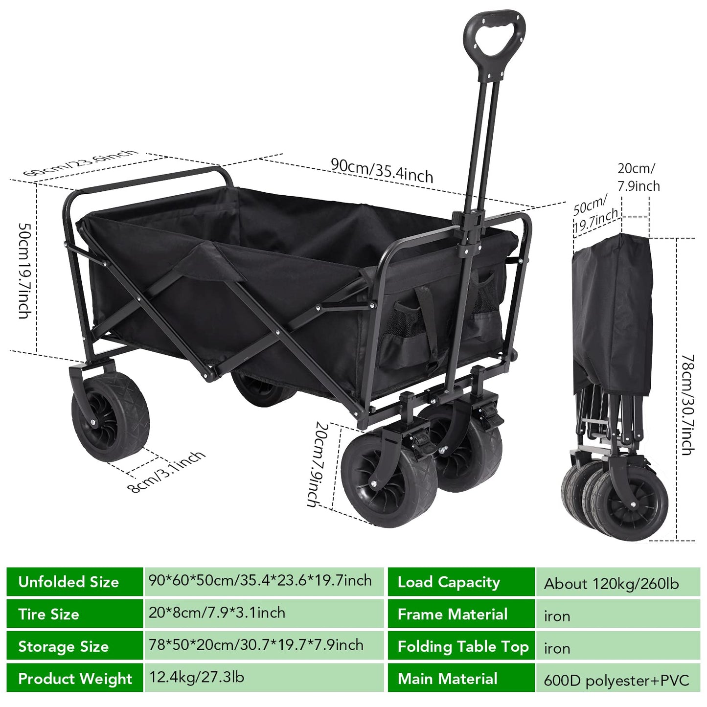 GARVEE 8 inch All Terrain Wheels Collapsible Outdoor Camping Wagon with brakes Iron Folding Table top 4 Plate mats