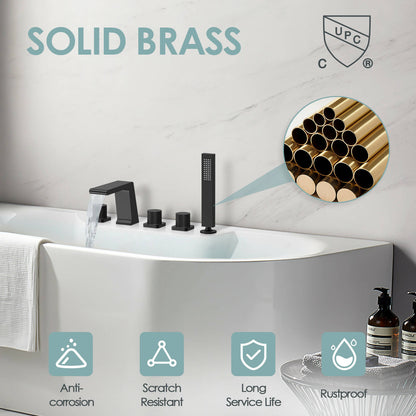 AquaSpa 3-Handle Widespread Bathroom Faucet with Handheld Shower: Deck Mount, 5-Hole Design